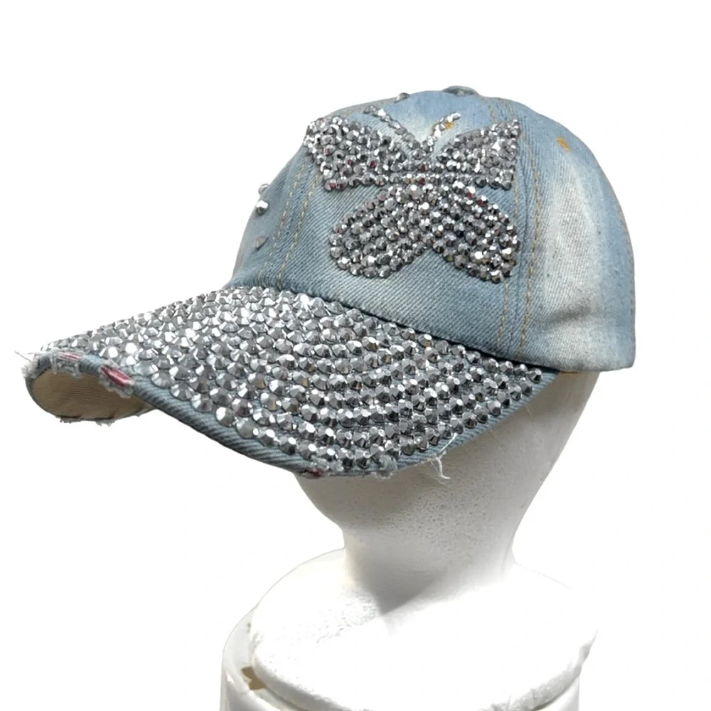 Embellished Ball Cap Distressed Light Denim‎ Silver Stud Butterfly Baseball Hat